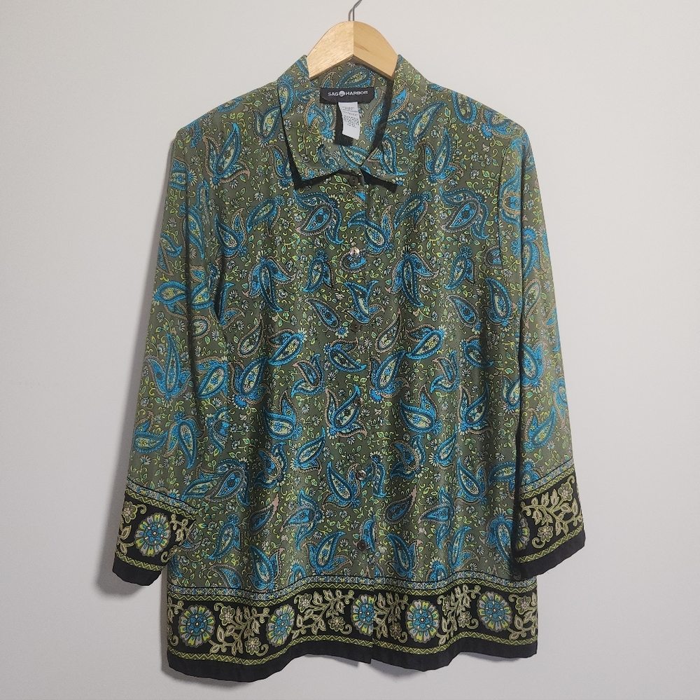 Sag Harbor Button Up Blouse Olive Green Blue Paisley Border Print Padded Shoulde
